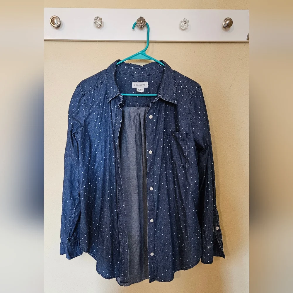 Liz Claiborne Womens Chamnray Polka Dot Shirt Size L - Picture 8 of 9